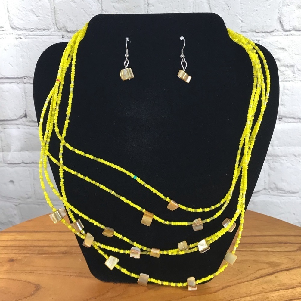 Yellow & Iridescent Beaded Necklace and Dangle Earring Set